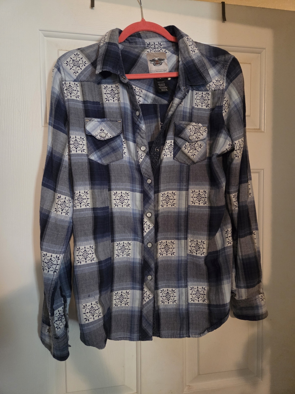 Harley-Davidson Blue and White Plaid Western Shirt